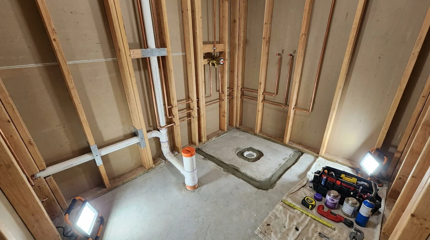 Bathroom rough-in plumbing during remodel by Johns Plumbing LLC in Odenville
