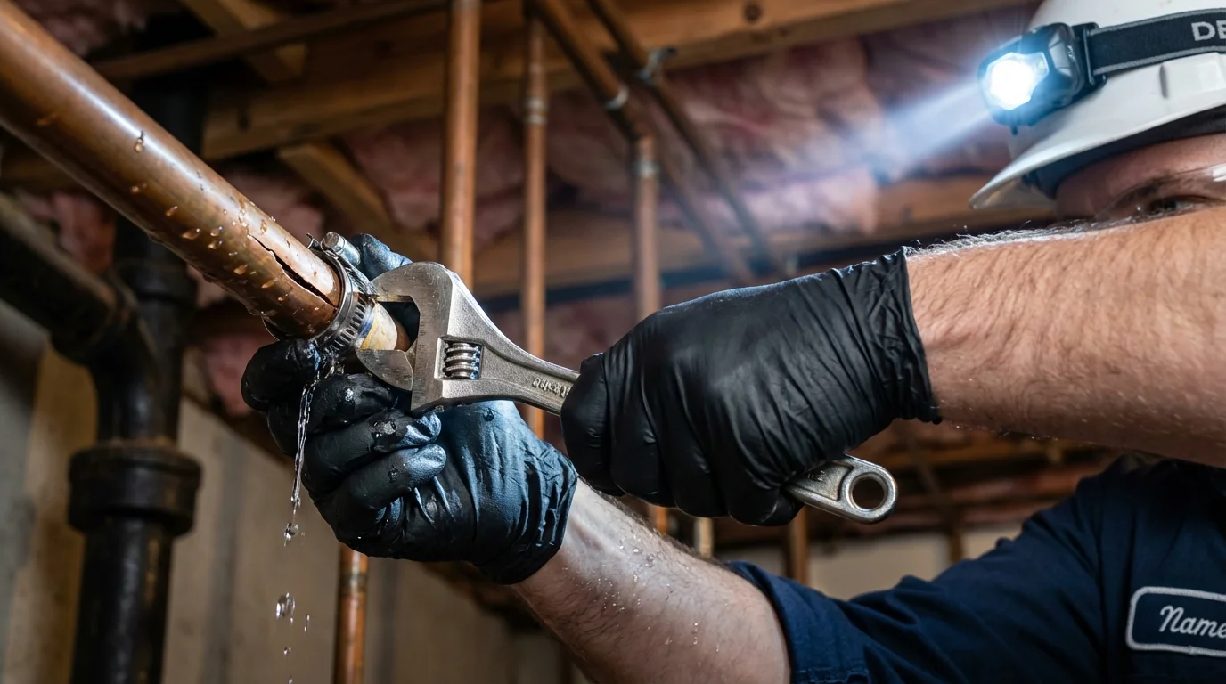 Emergency pipe clamp repair being performed by a Johns Plumbing LLC plumber in Odenville