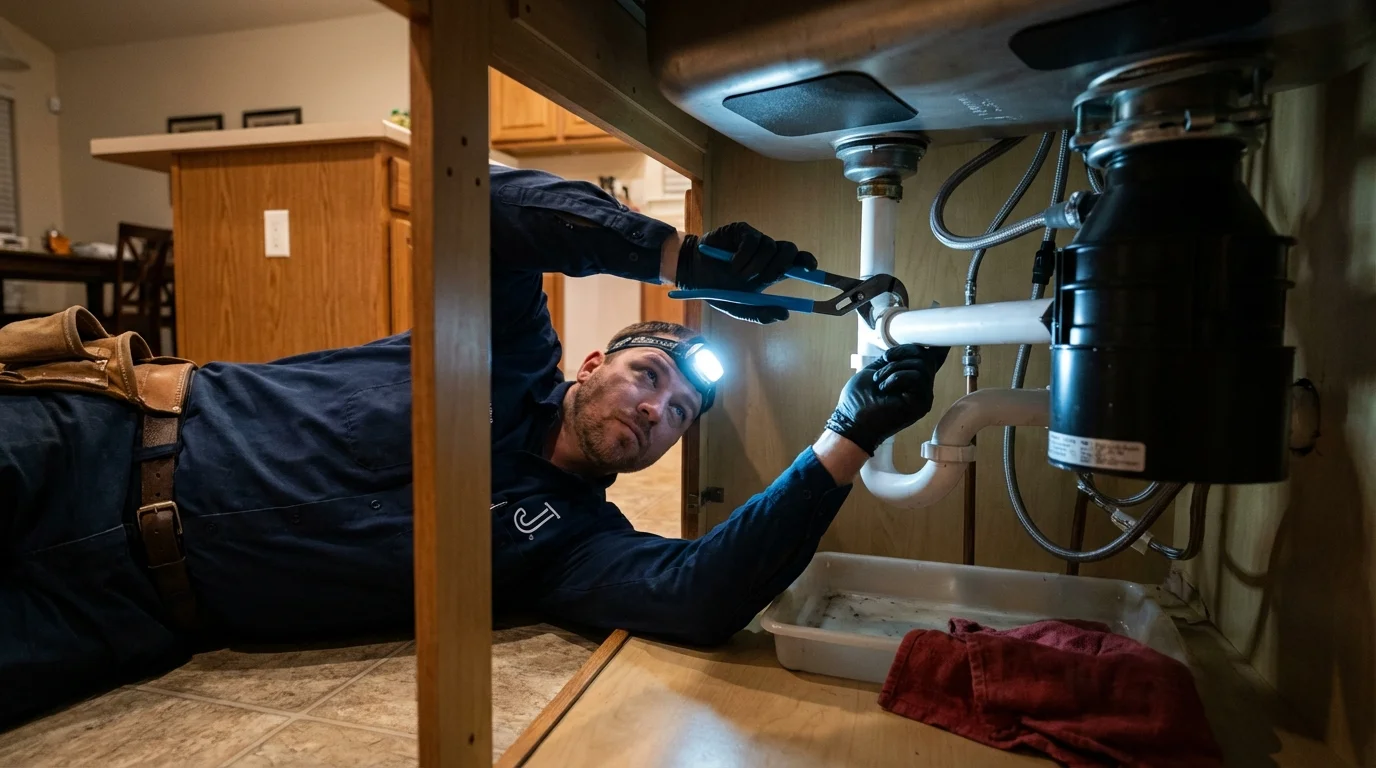 P-trap and supply line connections under a kitchen sink showing a common leak point in Odenville, AL